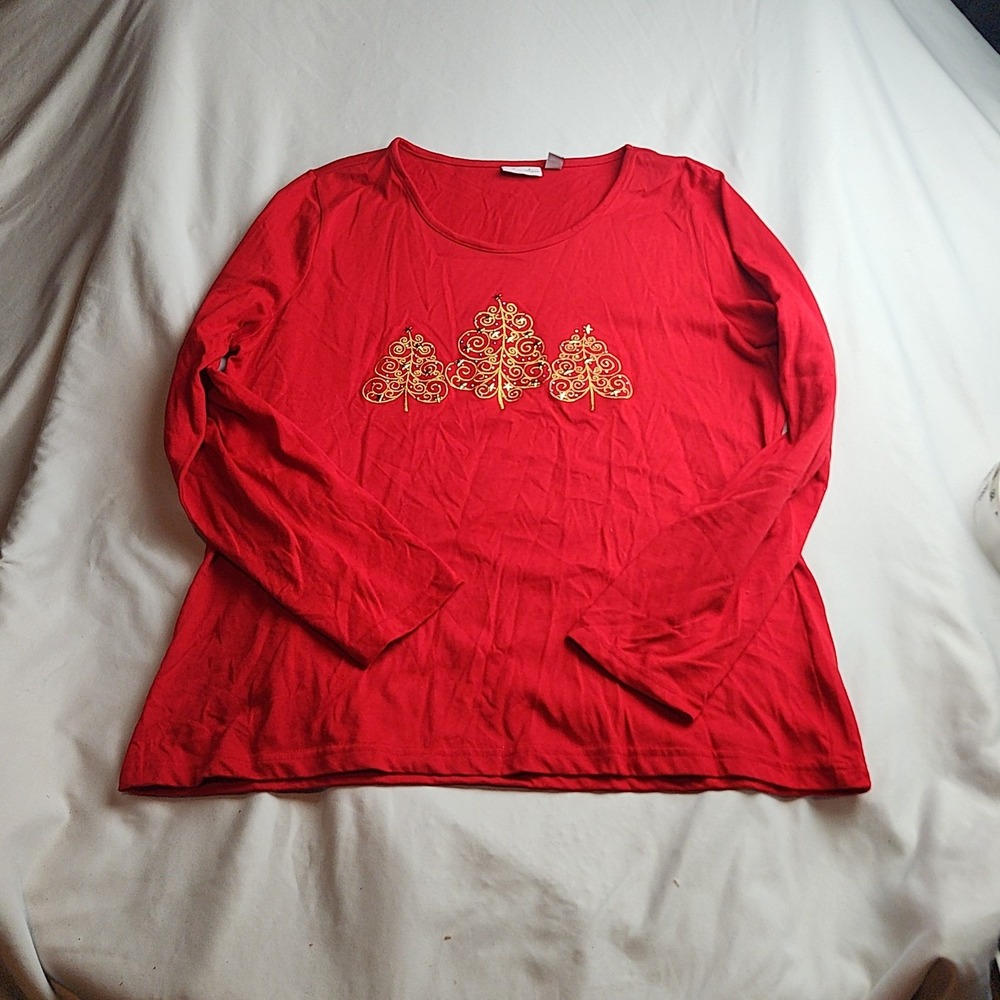 Kim Rogers Long Sleeve Top Red Gold Christmas Tree Embroidered Women's Size XL